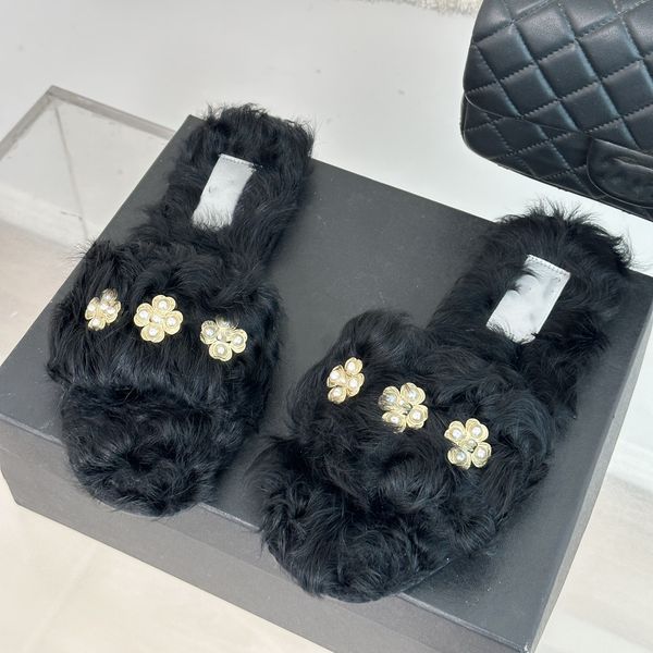 

interlocking c pearl clover mohair slippers fur shearling sandal scuffs goat hair fuzzy slides furry mule slip flats embellished grey white, Black
