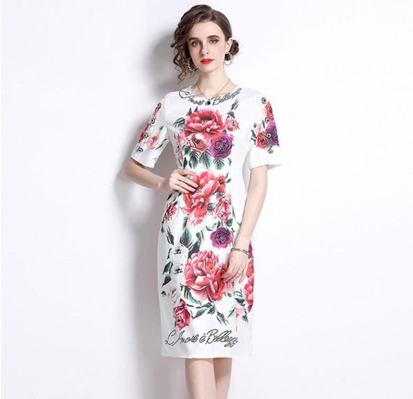 

women fashion rose floral printing dress 2022 summer new high street mide vestidos oneck short sleeve sliming dresses5974158, Black