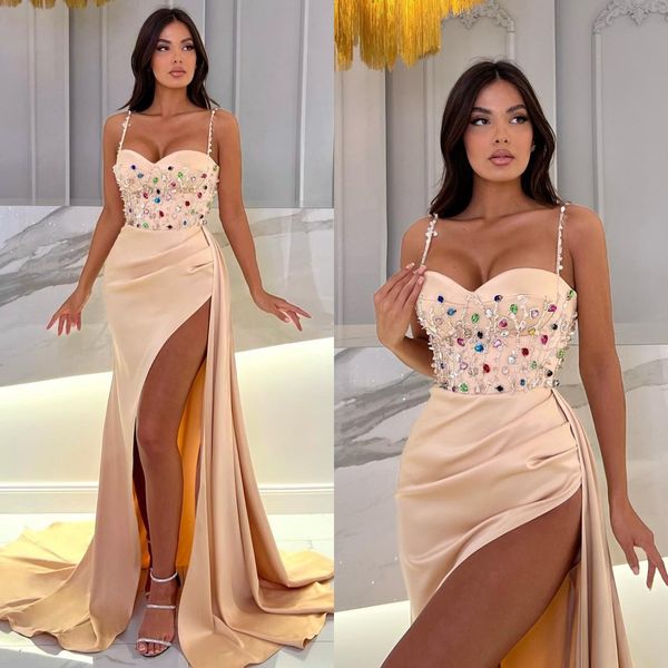 

elegant beige mermaid evening dresses spaghetti colorful crystal diamonds party prom dress split long dress for special occasion, Black;red