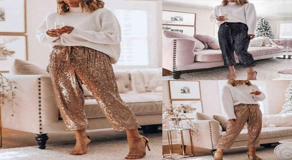 

sequin trousers women sequin shiny wide leg pants female hight waist loose pants drawstring party woman long pants y2203074473751, Black;white