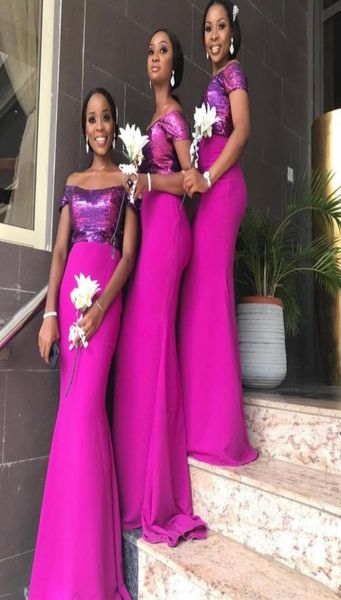 

fuchsia black girl mermaid bridesmaid dresses off the shoulder wedding guest dress sequined floor length plus size maid of honor g8814761, White;pink