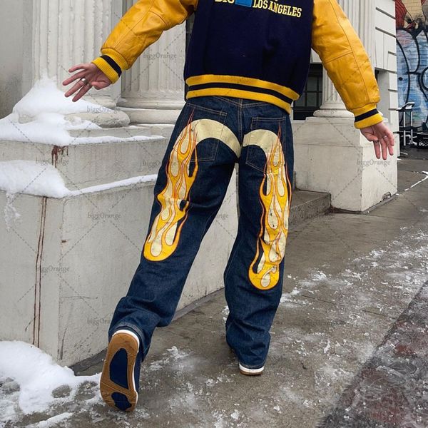 

men's jeans retro y2k selling jeans fashion flame printed jeans men hip hop gothic loose straight jeans couple streetwear 230815, Blue
