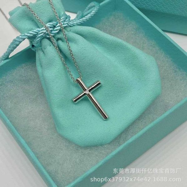 

versatile tiffay s925 sterling silver high version cross pendant with diamond necklace minimalist collarbone chain, Black