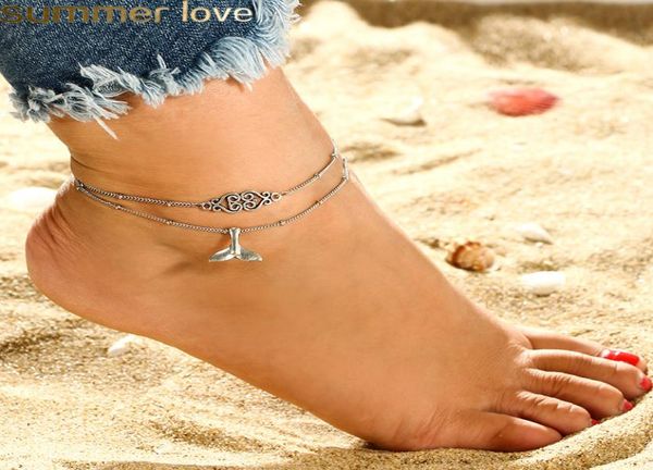 

bohemian 2pcsset mermaid tail anklet handmade multi layer heart whale tail pendent anklet bracelets for women barefoot beach jewe5621635, Red;blue
