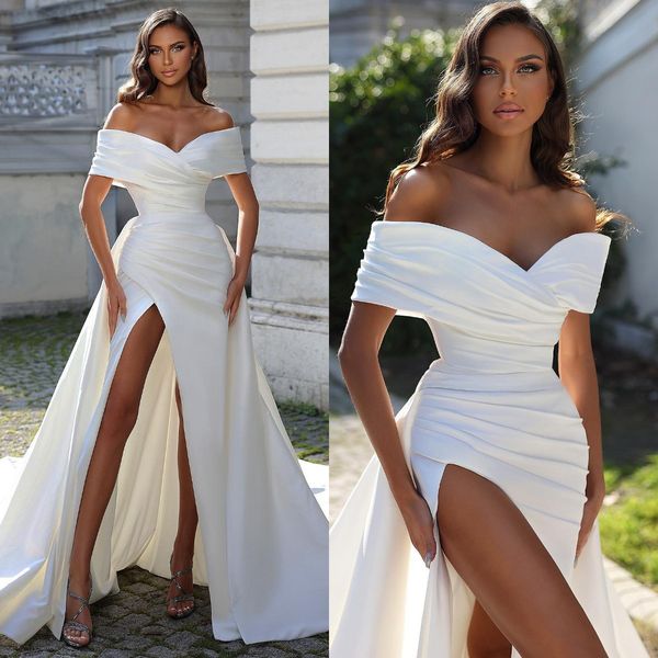 

vintage a line wedding dresses for bride off shoulder satin wedding dress pleats split designer bridal gowns, White