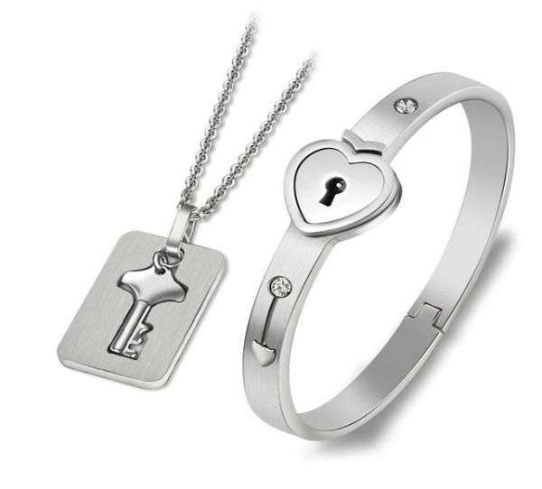 

stainless steel heart lock bangle bracelet key pendant necklace fashion concentric titanium jewelry designer couple sets6819728, Silver