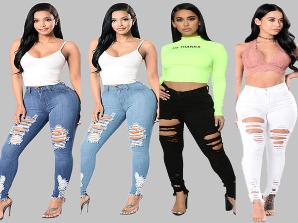 

2020 new fashion ripped jeans for women denim hole female mid waist stretch slim plus size pencil pants 72095886150, Blue