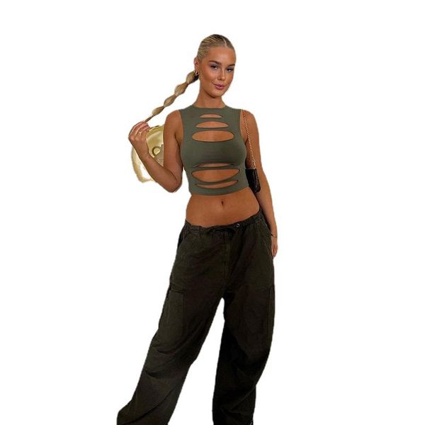 

summer new tight sleeveless hollow fit solid color top, White