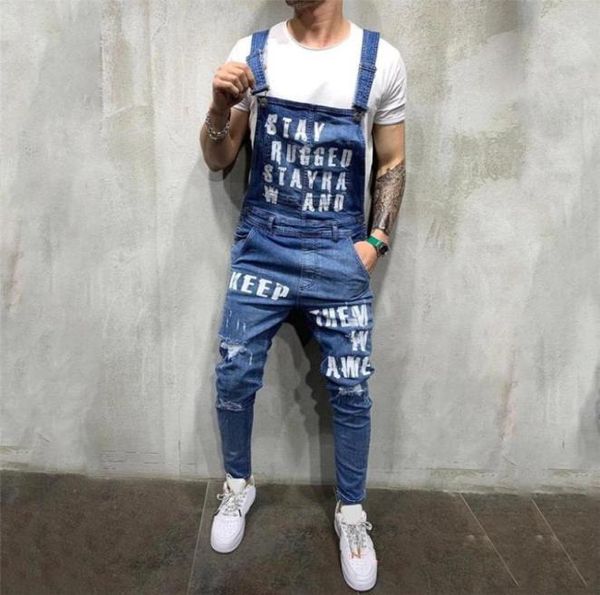 

men039s jeans 2022 fashion ripped jumpsuits ankle length letter printing distressed denim bib overalls for men suspender pants6728614, Blue