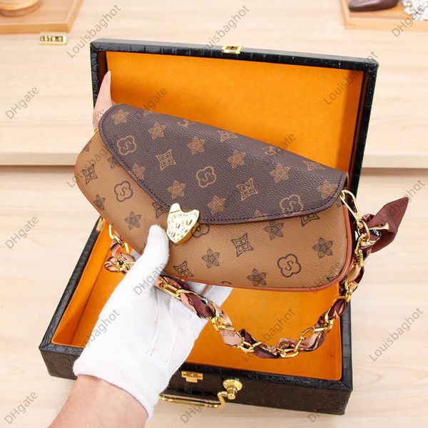 

diagonal straddle small bag women's double layer small crowd crescent bag fashion shoulder bag genuine leather old flower scarf chain b