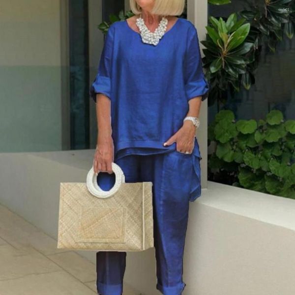 

women's two piece pants 2pcs/set women set solid color pullover trousers elastic waist o neck lady outfit with pocket clothing, White