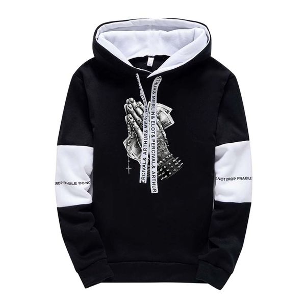 

men's hoodies sweatshirts men's hooded tracksuit faith hands print stitching color hoodies man sportwear leisure fashion streetwea, Black