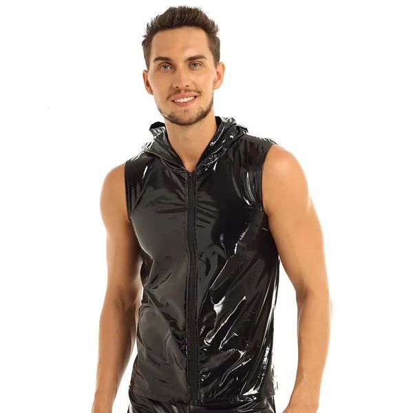 

other panties plus size mens shiny tank leather hoodies shirts sleeveless wetlook latex sleeveless hooded vest t-shirt full zipper sexi 230, Red;black