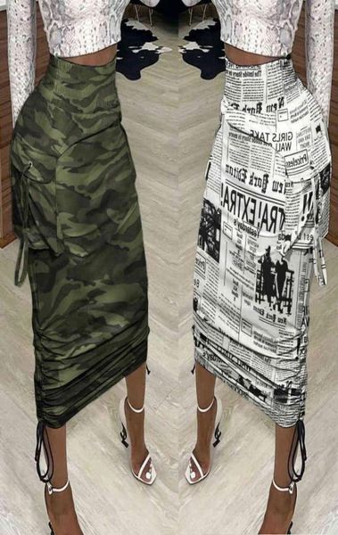 

mid calf skirts women camouflage camo newspaper print high waist streetwear korean fashion clothing pockets dstring pleated x04284305910, Black