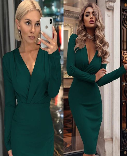 

women vintage bodycon slim party dress long sleeve deep v neck solid casual elegant dress 2019 winter new fashion7525118, Black;gray