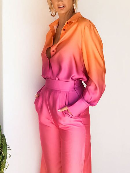 

women's two piece pants gradient pants suits women elegant satin long sleeve shirt straight pant outfits female casual loose blouse and, White