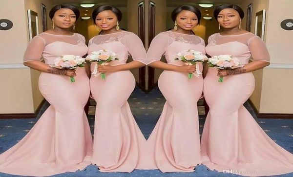 

blush pink sheer jewel neck bridesmaid dresses 12 sleeve mermaid floor length black girls maid of honor gown wedding guest dress9647793, White;pink