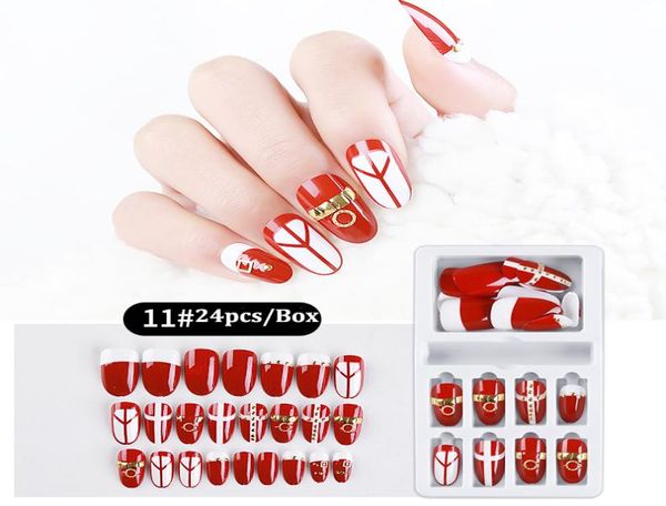 

24pcs reusable detachable fake matte tips press on nail for long false nails art manicure fake extension tips with sticker glue7593682, Red;gold