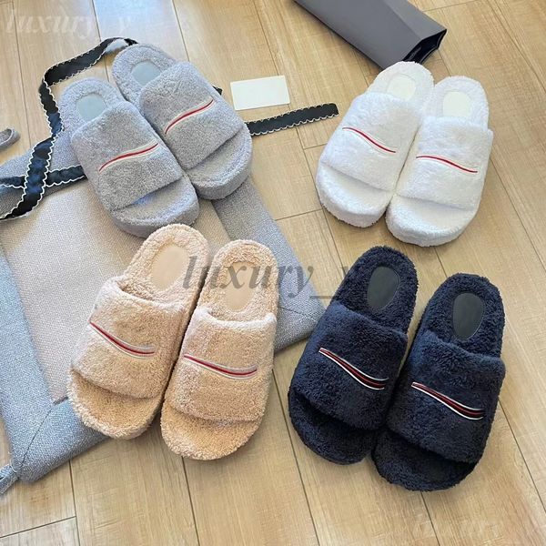 

furry slides platform wool sandals designer women slipper winter fluffy furry scuffs fuzzy thick bottom flip flops with box, Black