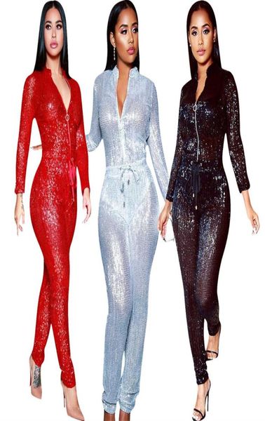 

women sequins silver red zip up high wait sashes long sleeve jumpsuit bodycon classic playsuit s3xl6041160, Black;white