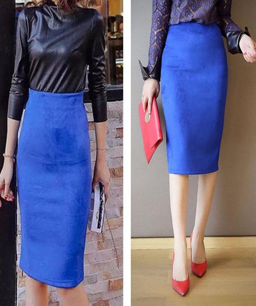 

women skirts suede solid color pencil skirt female autumn winter high waist bodycon vintage split thick stretchy4909533, Black
