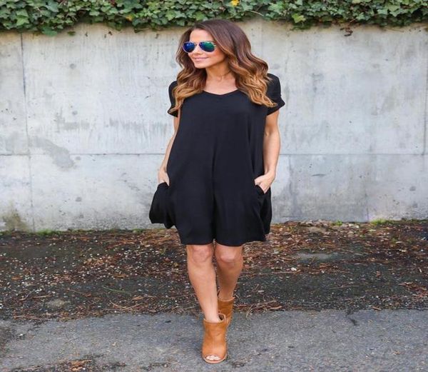 

summer causal newly women ladies dress 4 style oneck short sleeve slim straight loose solid kneelength dress size smlxl8376615, Black;gray