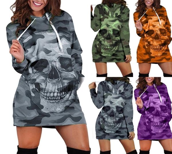 

women dress long sleeve casual hooded camouflag skull print mini dress autumn and winter casual fashion style dress4327804, Black