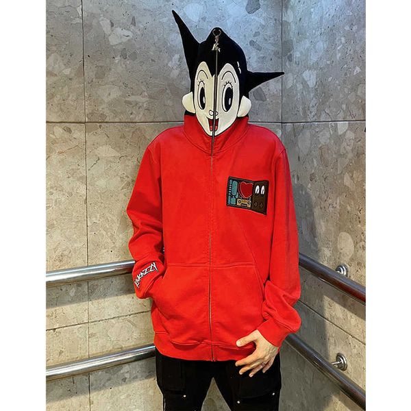 

american vintage sweater men's spring and autumn couple hip hop hooded zipper heavyweight high street ins fashion brand loose coat, Black