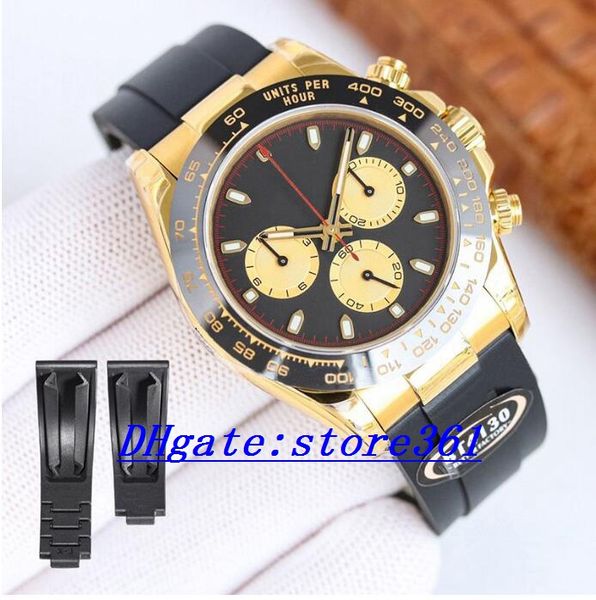 

clean watch 4130 automatic men watches 40mm rubber strap meteorite dial yellow gold mens watch screw-down back crown push buttons triplock t, Slivery;brown