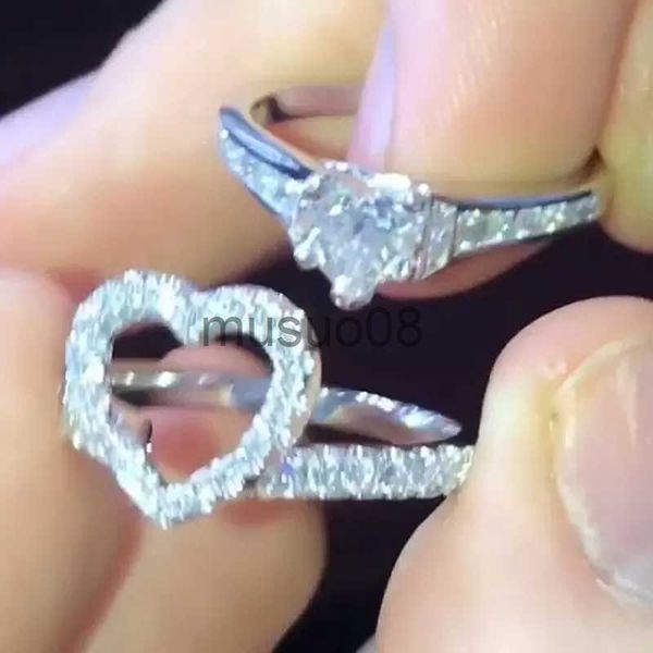 

band rings huitan creative heart matching rings women 2pcs/set silver color love finger-ring statement accessories female party jewelry new