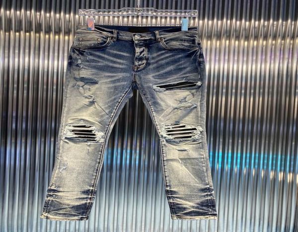 

european and american men039s jeans spring summer new washed worn kneehole patch slim feet leather tide4032820, Blue