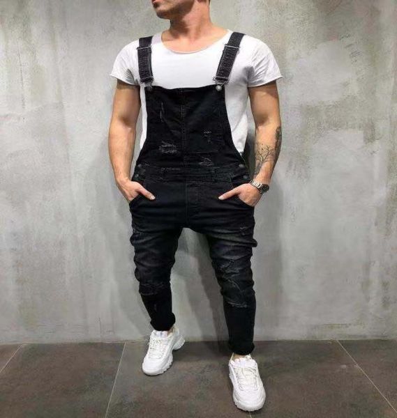 

pantalones jean hombre 2019 dungarees men bib pants solid color destroyed jeans hole slim fit denim jumpsuit men ripped jeans1809257, Blue