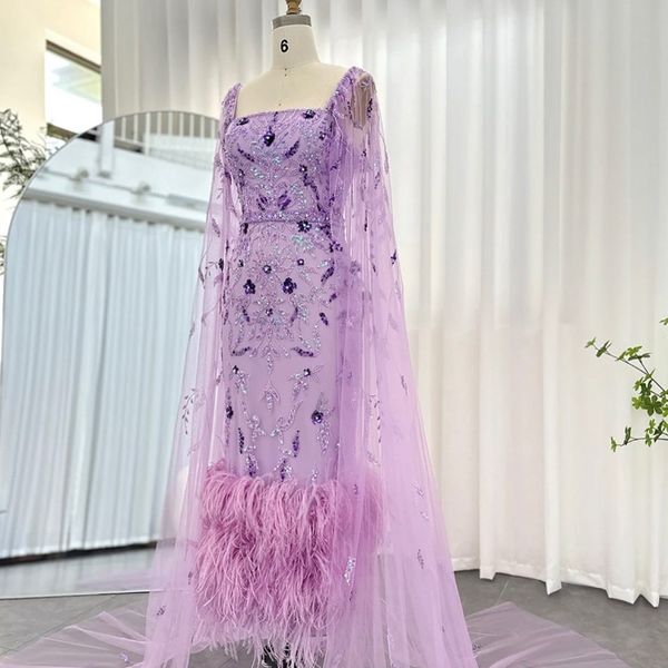 

lavender bling mermaid arabic evening dress with cape luxury beads feather dubai formal dresses for women party prom dress, Black;red