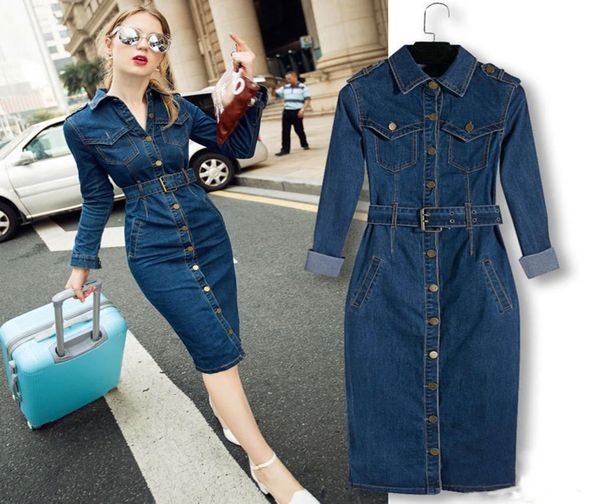 

35 jeans dress denim dresses winter office slim jeans long sleeve midcuff denim with belt for women jeans dress long dress 200926870543, Black;gray