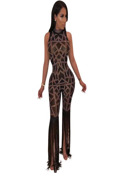 

sparkly rhine party jumpsuit women sheer mesh bodysuit see through clubwear rompers bottom fringe tassel playsuit1830241, Black;white