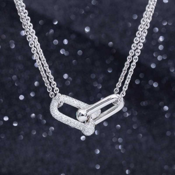 

designer v gold t harddwear double ring necklace with diamonds 925 pure silver platinum layer chain for girls versatile and personalized, Black