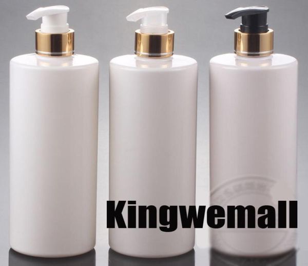 

500ml 300pclot empty cosmetic refillable plastic pet bottles for body cream round white gold lotion pump bottle9840454