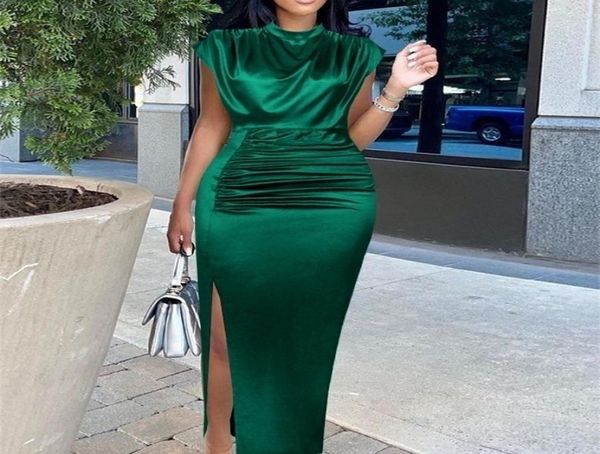 

women shiny long dress pleated green elegant slit high collar slim fit sleeveless maxi robes female gowns party spring 2205093402845, Black;gray