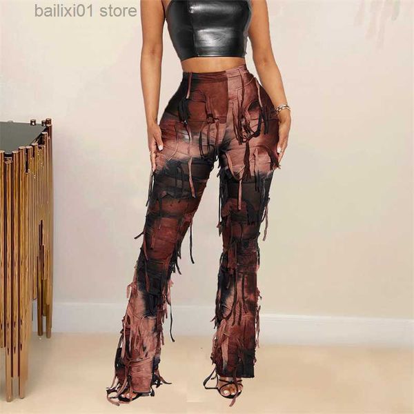 

women's pants capris tassel tie dye print casual pants women elastic high waist slim trousers female fashion y2k streetwear all matchin, Black;white