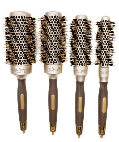

4pcs set nano technology thermal ceramic ionic round hair brush with boar bristle aluminum curling brushes for blow drying comb8304459, Silver