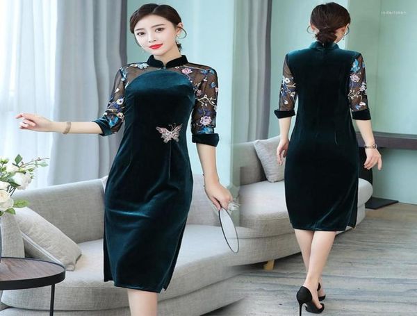 

ethnic clothing green qipao velvet cheongsam dress midi elegant chinese dresses lace sleeve length qi pao traditional ff22369699733, Red