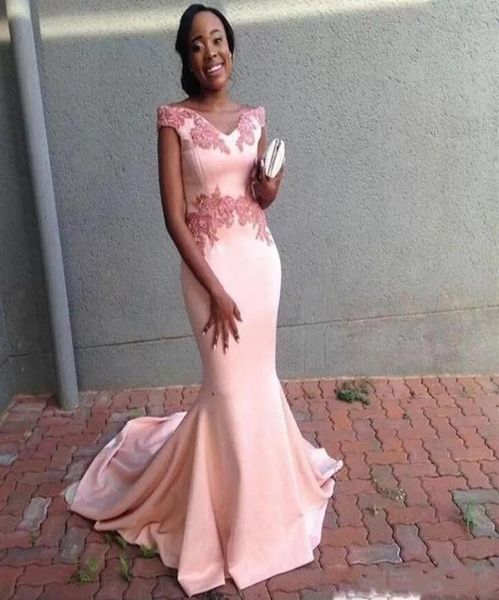 

2022 pink black girl long mermaid bridesmaid dresses v neck satin lace appliques sweep train for wedding women formal party b5032963, White;pink