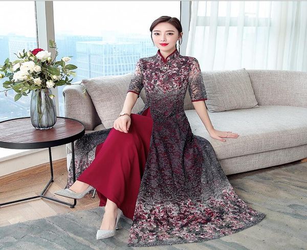 

summer vietnam ao dai chiffon lace cheongsam long dress0125413100, Red