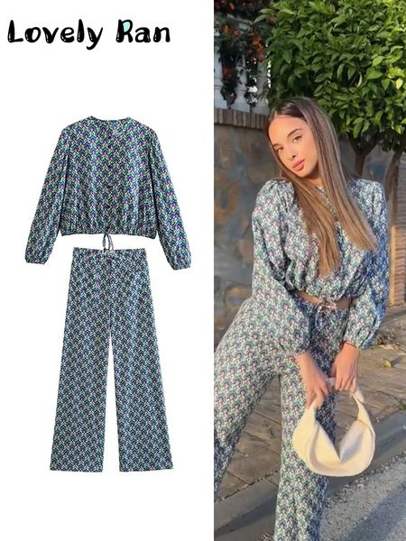 

womens two piece pants summer vintage floral printed long suits for women tied hem crop wide leg loose female 2 sets outfits 230817, White