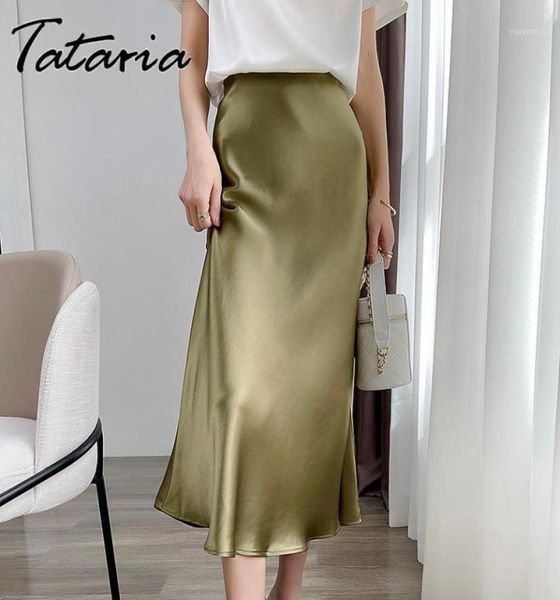 

skirts satin silk for women 2022 summer korean fashion balck midi aline long beautiful gril skirt blue high waist female4767434, Black