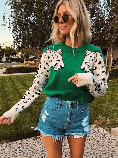 

women's sweaters suninbox 2023 new autumn fashion vintage leopard jacquard knitted pullovers sweaters streetwear chic o-neck jumpers t2, White;black