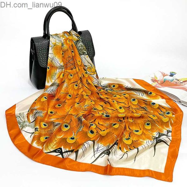 

sarongs 90x90cm peacock print square scarf silk bandanas shawl women' dress packaging decoration turbo package sunset accessories z230, Blue;gray