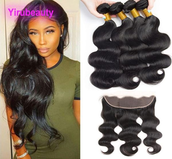 

malaysian unprocessed human hair 4 bundles with 13x4 lace frontal baby hair body wave frontal yiruhair natural color3844432, Black;brown