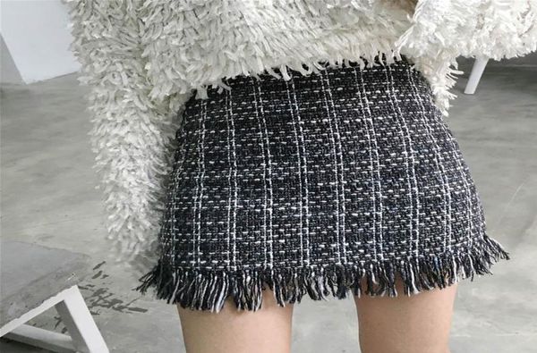 

skirts 2021 women woolen mini skirt autumn winter vintage straight plaid tassel skater high waist femininas8946485, Black