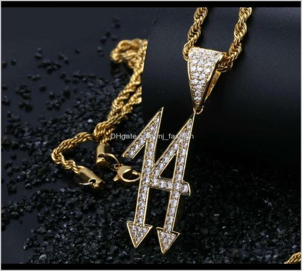 

jewelry hip hop 6ix9ine diamonds pendant necklaces for men luxury number 14 pendants 18k gold plated copper zircon cuban6217310, Silver
